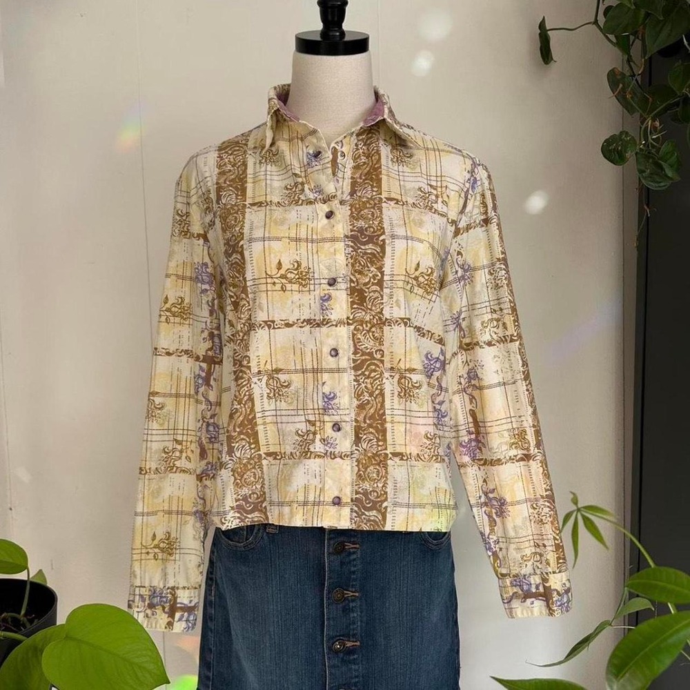 Wrangler Blues Womens M Western Pearl Snap Floral Plaid Blouse Yellow Purple Y2K